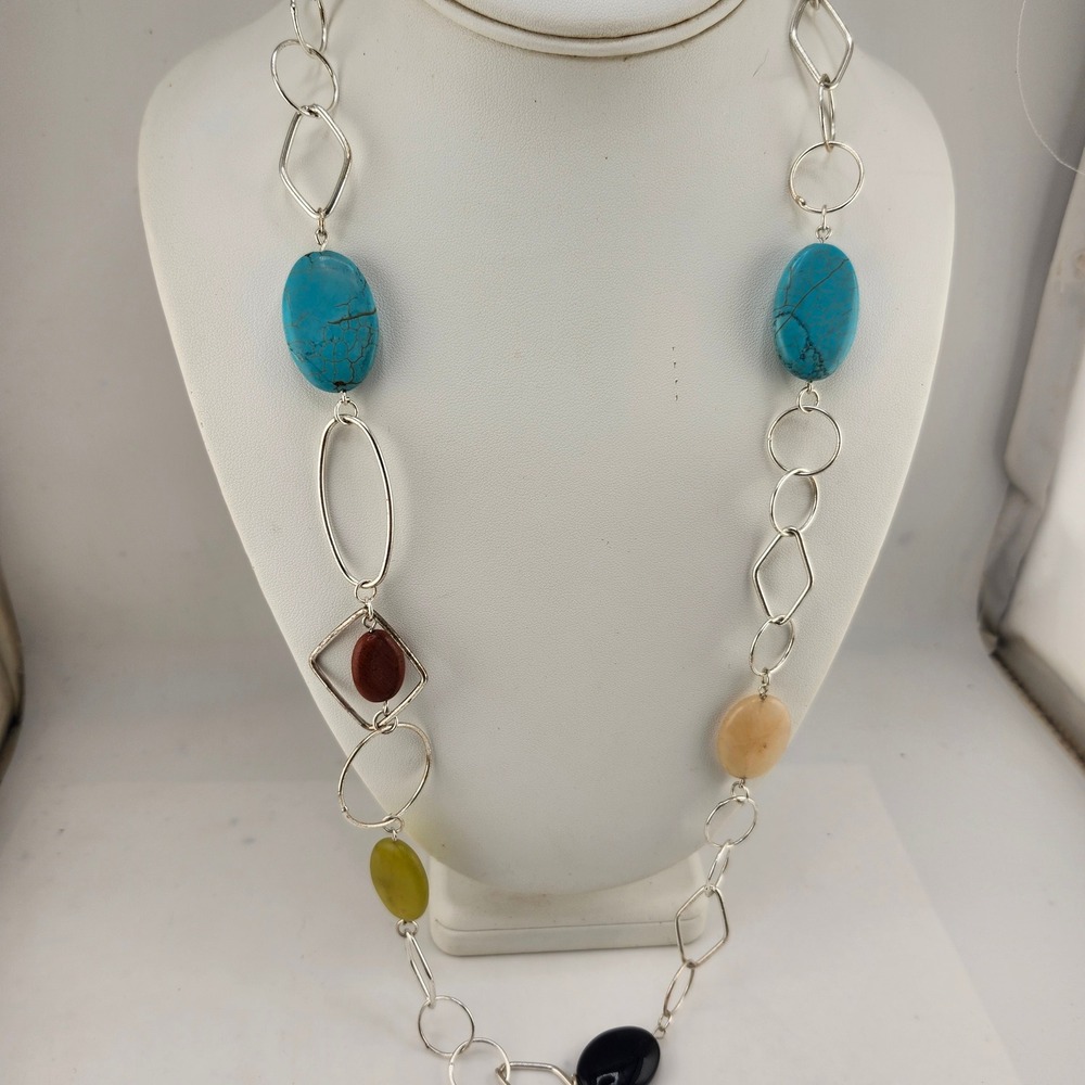 Multi Faux Gemstone Statement Necklace‎ Silver Tone Long Boho Gemstone Pendant